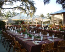 Wedding on a private country estate featuring clear top tents installed on a custom built wood floor and bamboo chairs.