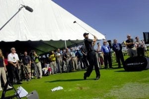 Promotional golf event for a corporate customer featuring a 50' x 60' gable ended frame tent and Tiger Woods.