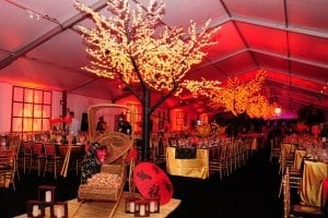 Black tie fundraiser held in a 20m x 50m clear span tent featuring LED lighted cherry trees, white wall drapes accented with lighted spandex panels, gold ballroom chairs, and kings tables.