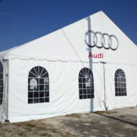 40' x 60' gable ended frame tent set at 10' high with window sidewalls.